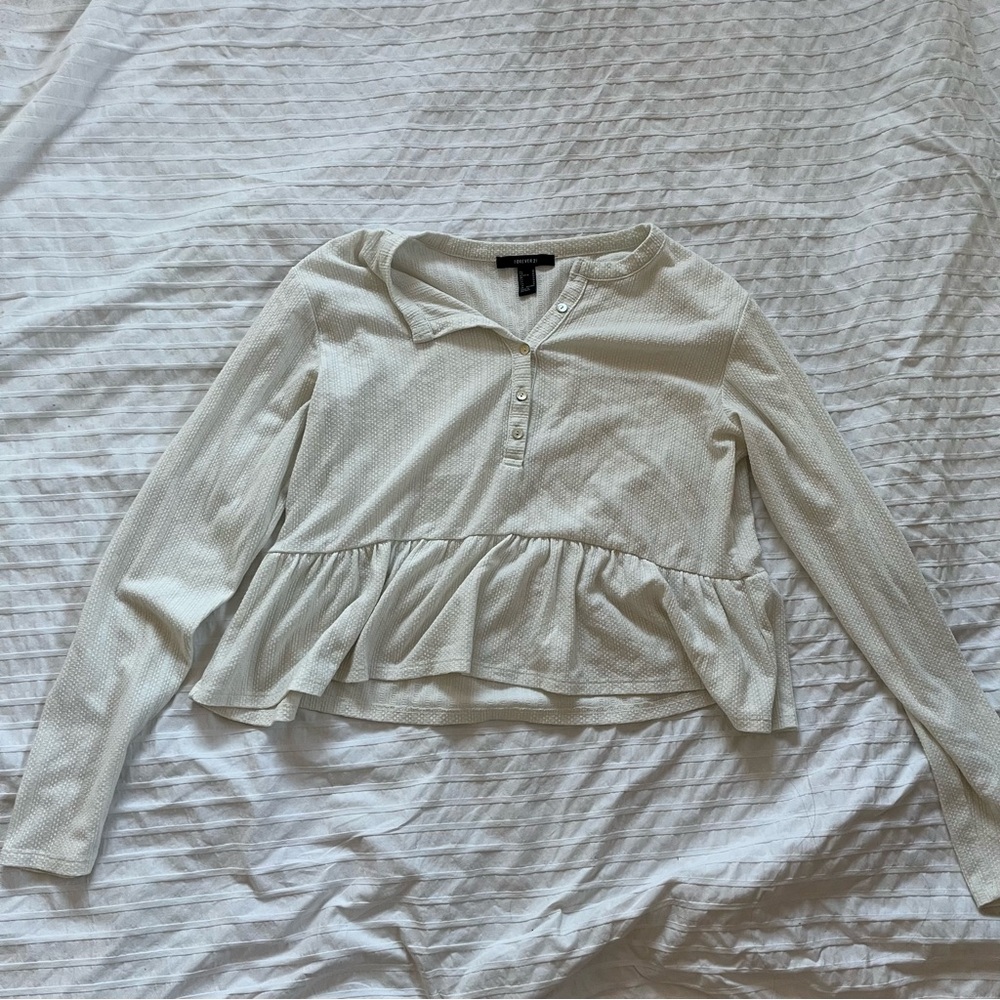 Forever 21 White Long Sleeve Peplum Henley Top